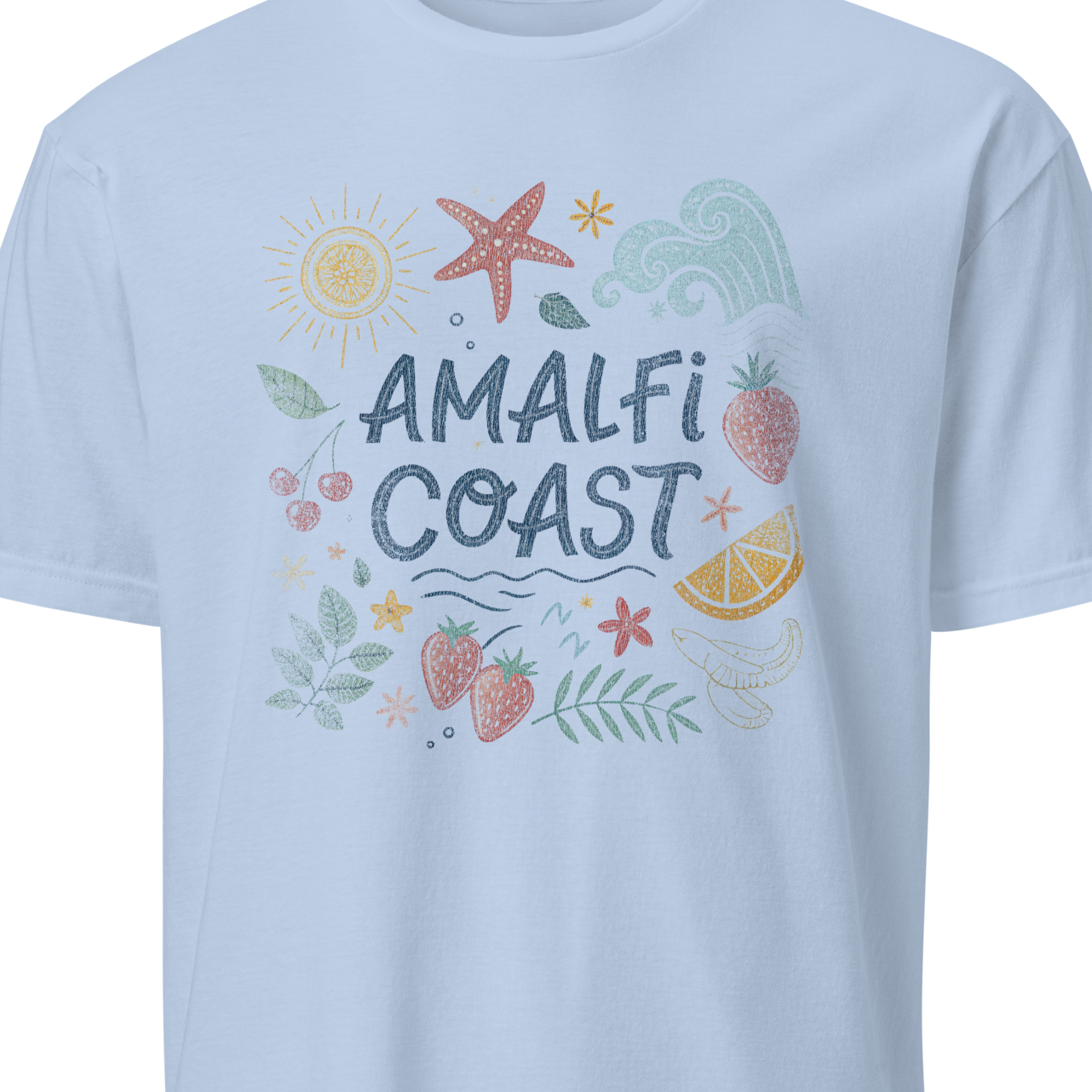 Light blue t-shirt with 'Amalfi Coast' text and graphics 