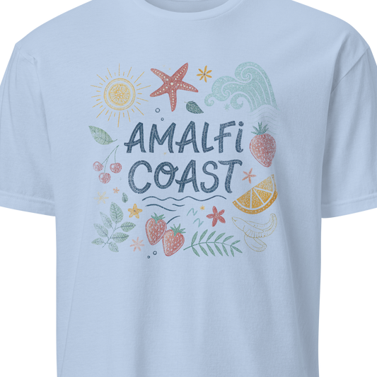 Light blue t-shirt with 'Amalfi Coast' text and graphics 