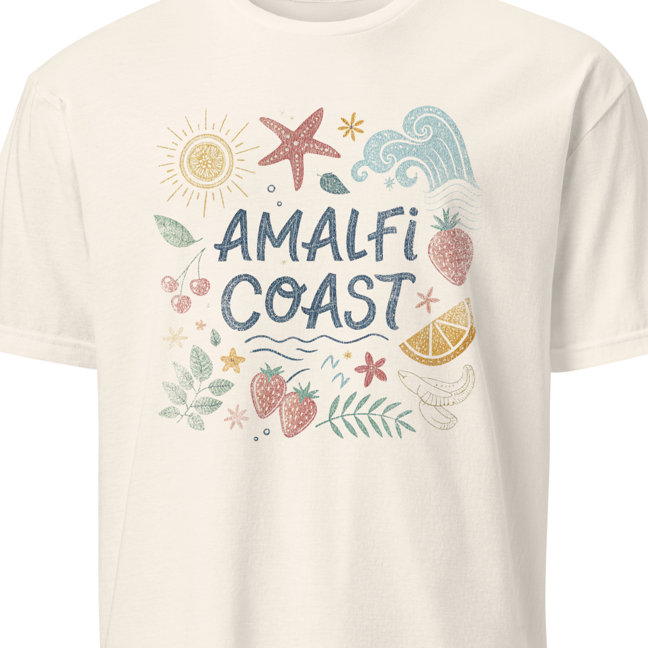 Beige t-shirt with 'Amalfi Coast' text and decorative elements 