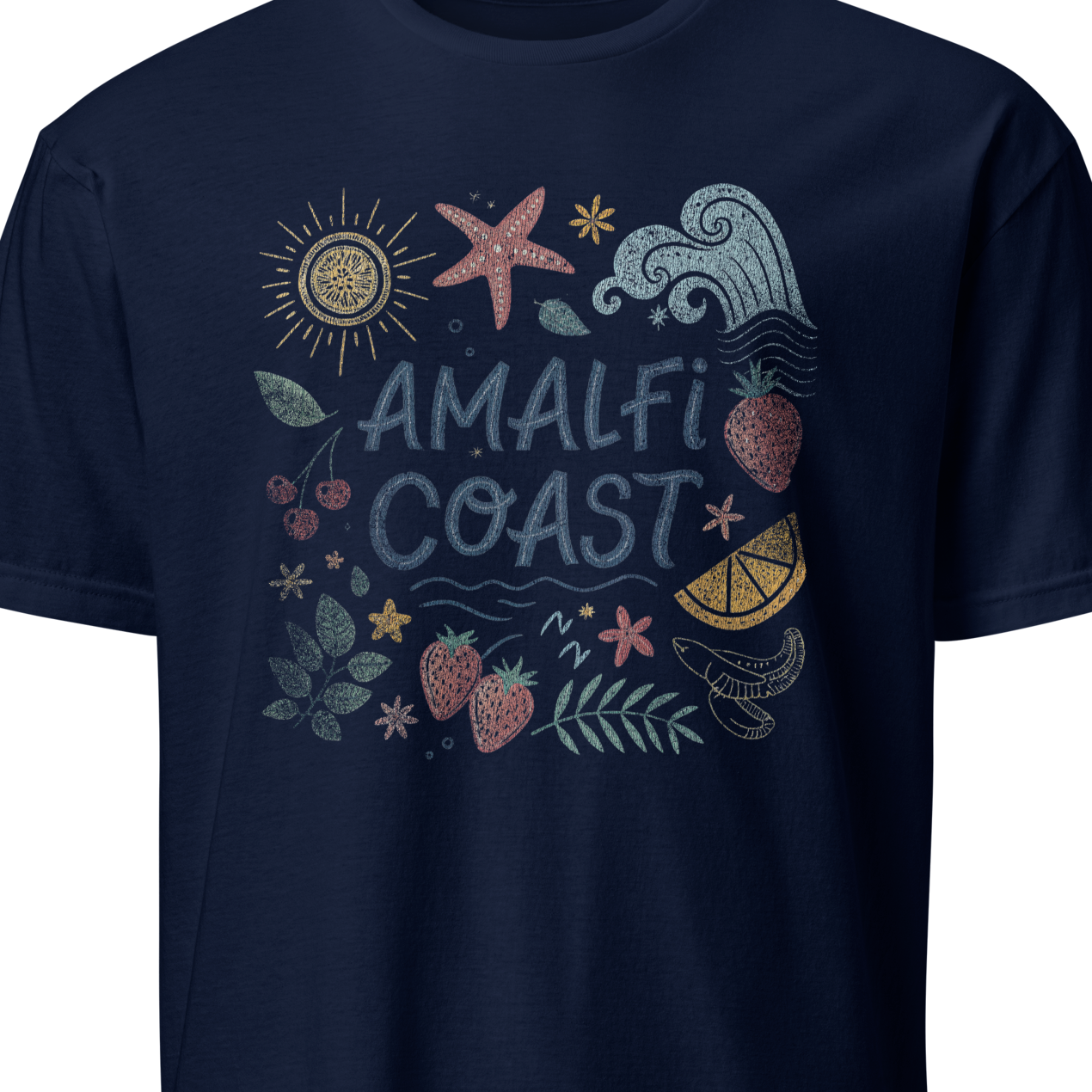 Navy blue t-shirt with 'Amalfi Coast' design featuring stars, sun, and fruit 