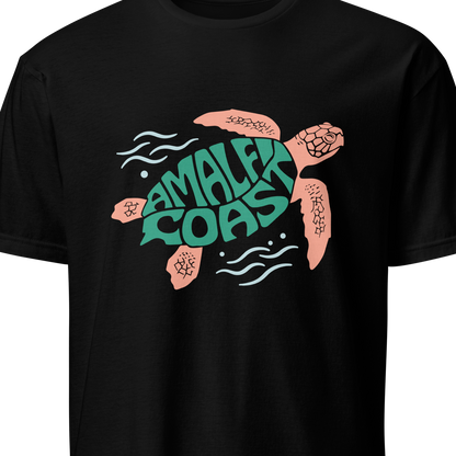 Black t-shirt with a turtle graphic and 'Amalfi Coast' text 