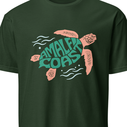 Green t-shirt with a turtle graphic and 'Amalfi Coast' text