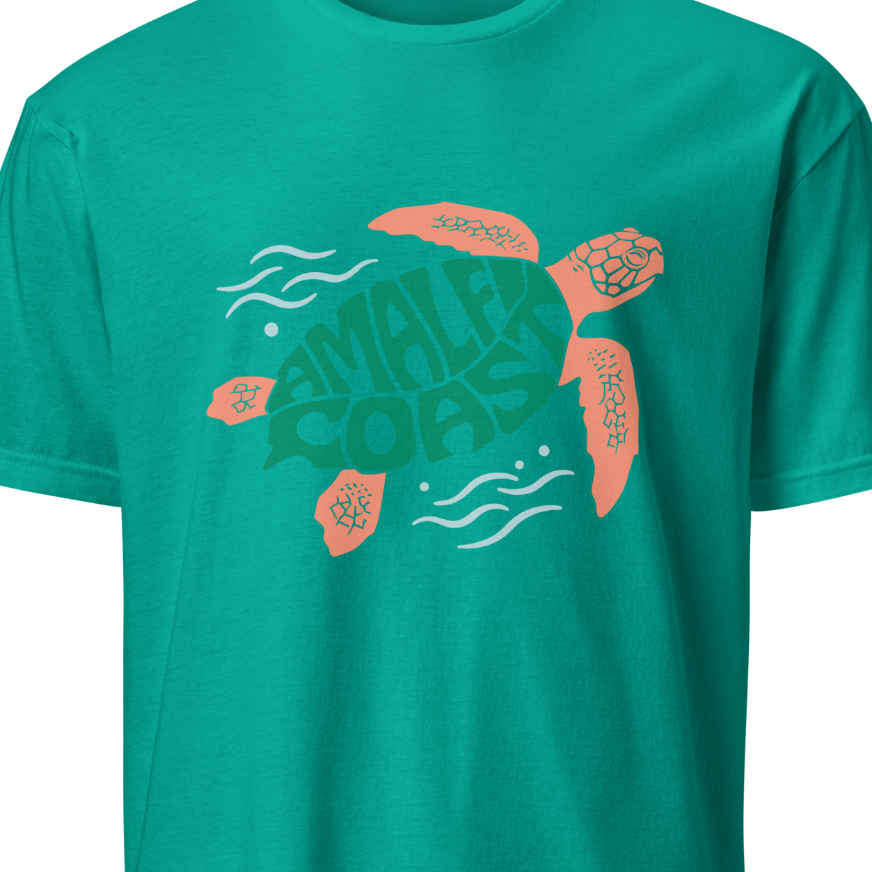 Teal t-shirt with a turtle graphic and text 