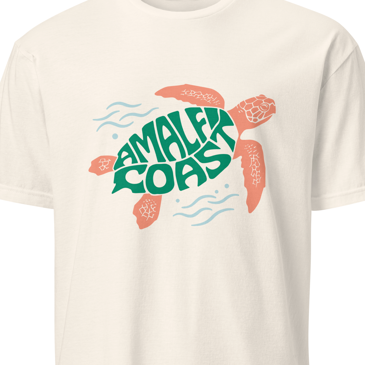 Beige t-shirt with a turtle graphic and 'Amalfi Coast' text