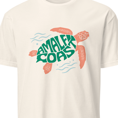 Beige t-shirt with a turtle graphic and 'Amalfi Coast' text