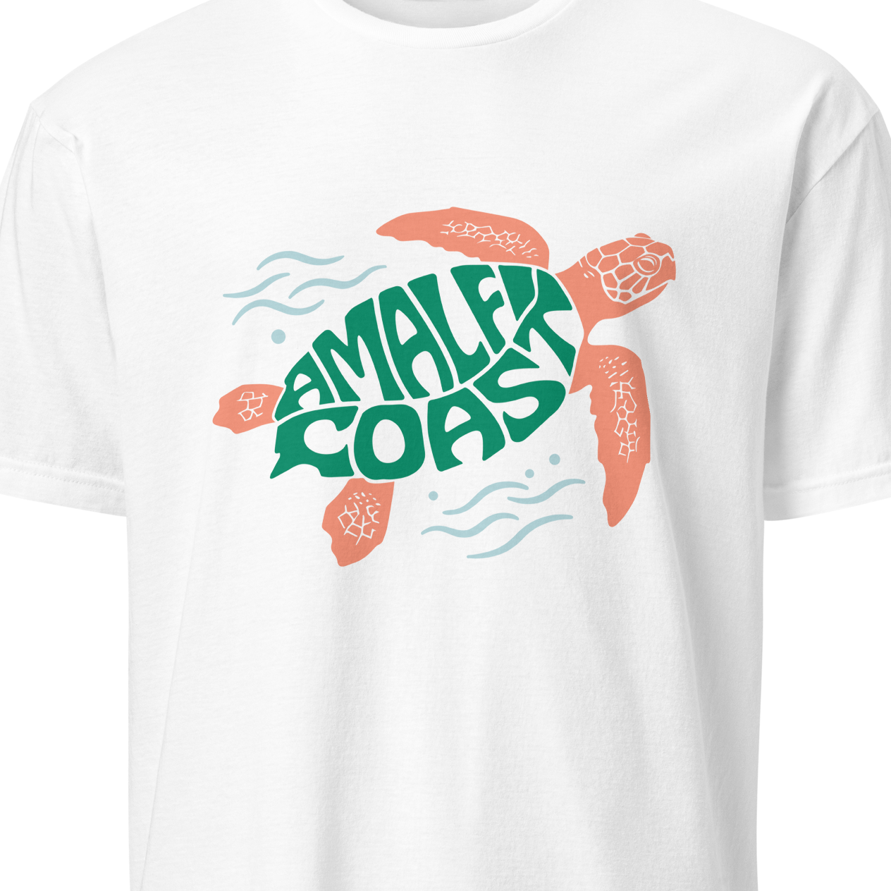 White t-shirt with a turtle graphic and 'Amalfi Coast' text