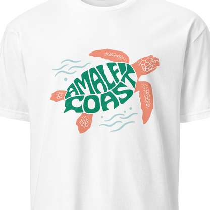 White t-shirt with a turtle graphic and 'Amalfi Coast' text