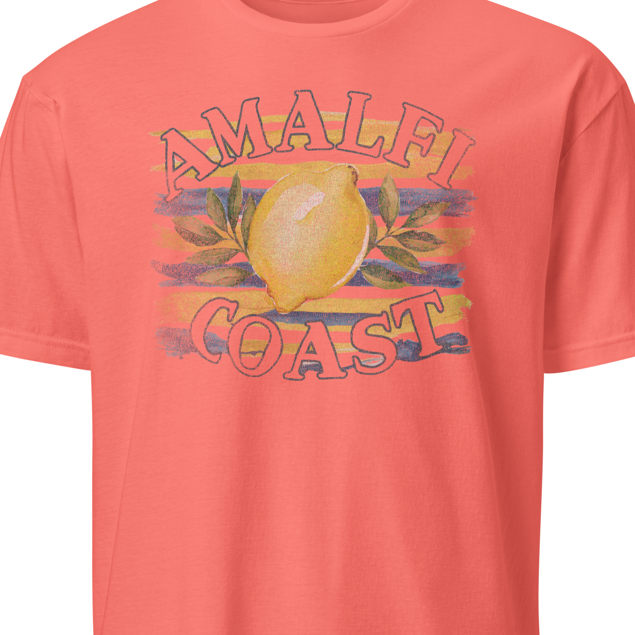 Coral t-shirt with 'Amalfi Coast' graphic design