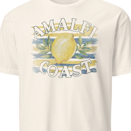 White t-shirt with 'Amalfi Coast' and lemon graphic 