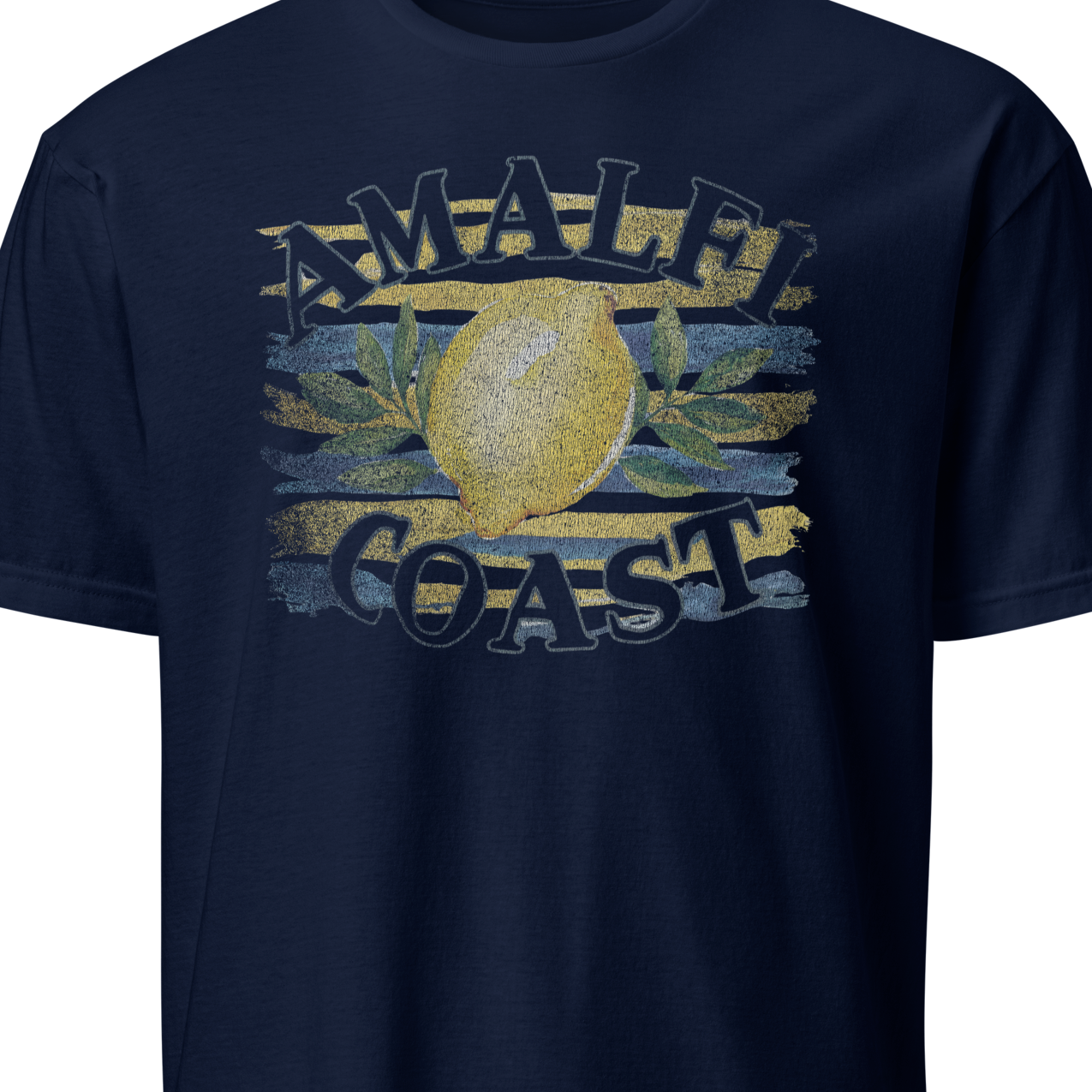 Navy blue t-shirt with 'Male Coast' graphic design 