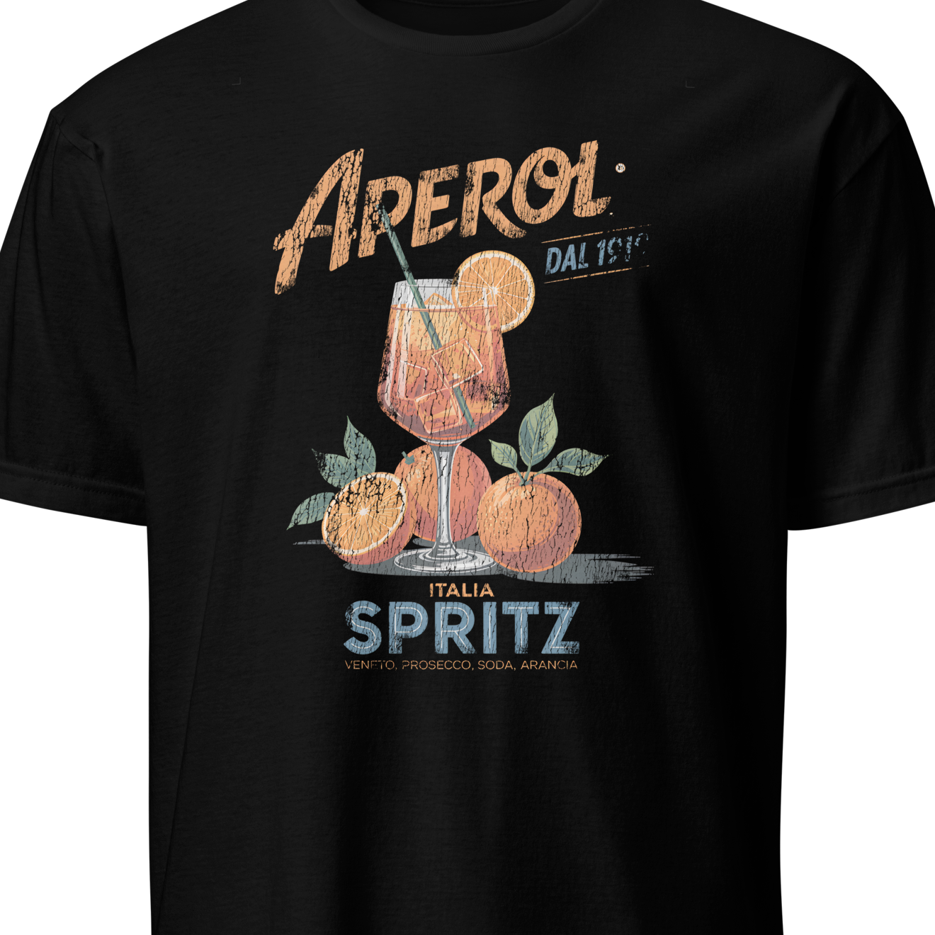 Black t-shirt with Aperol Spritz graphic design on a white background
