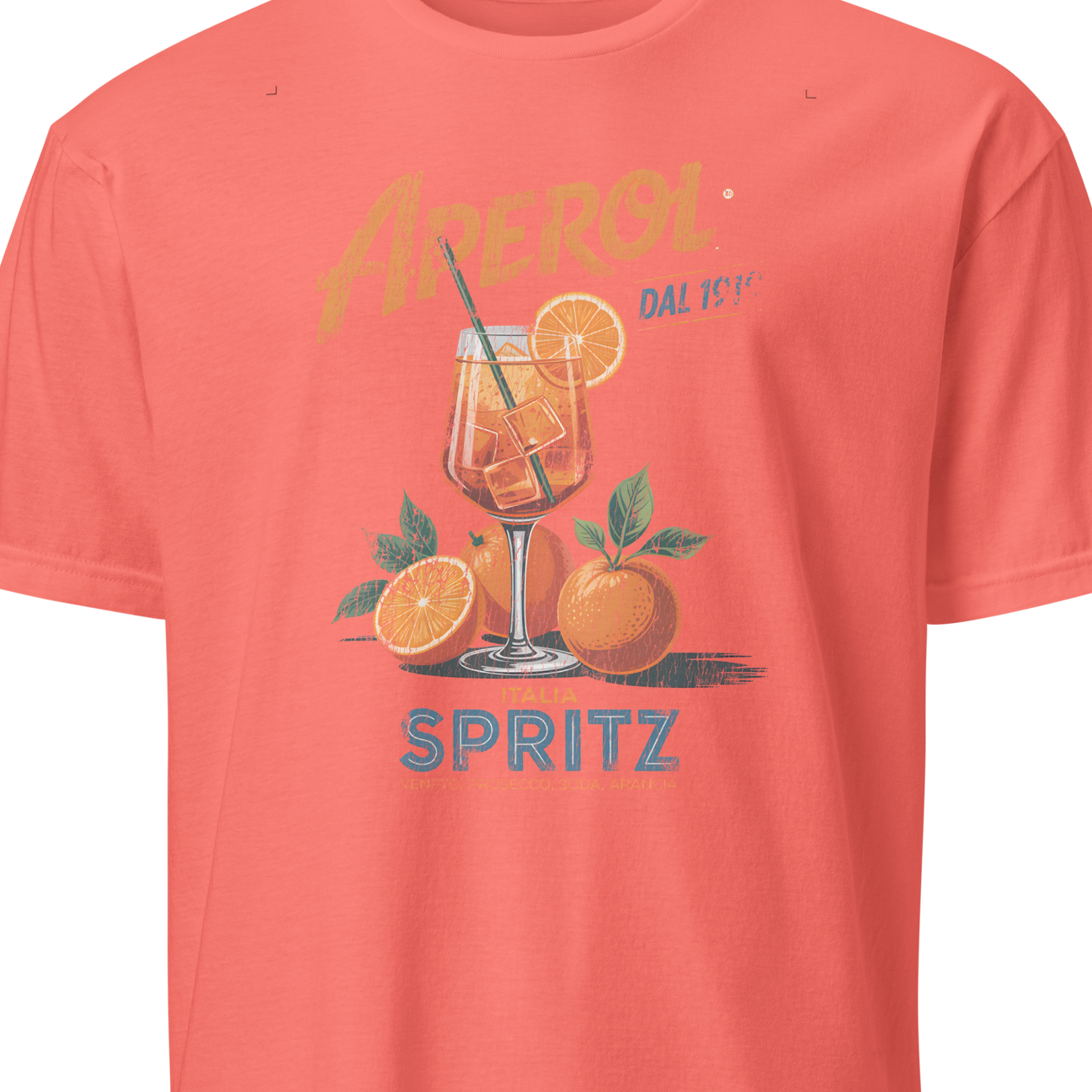Coral t-shirt with a graphic of a Spritz cocktail and text on a white background
