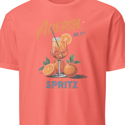 Coral t-shirt with a graphic of a Spritz cocktail and text on a white background