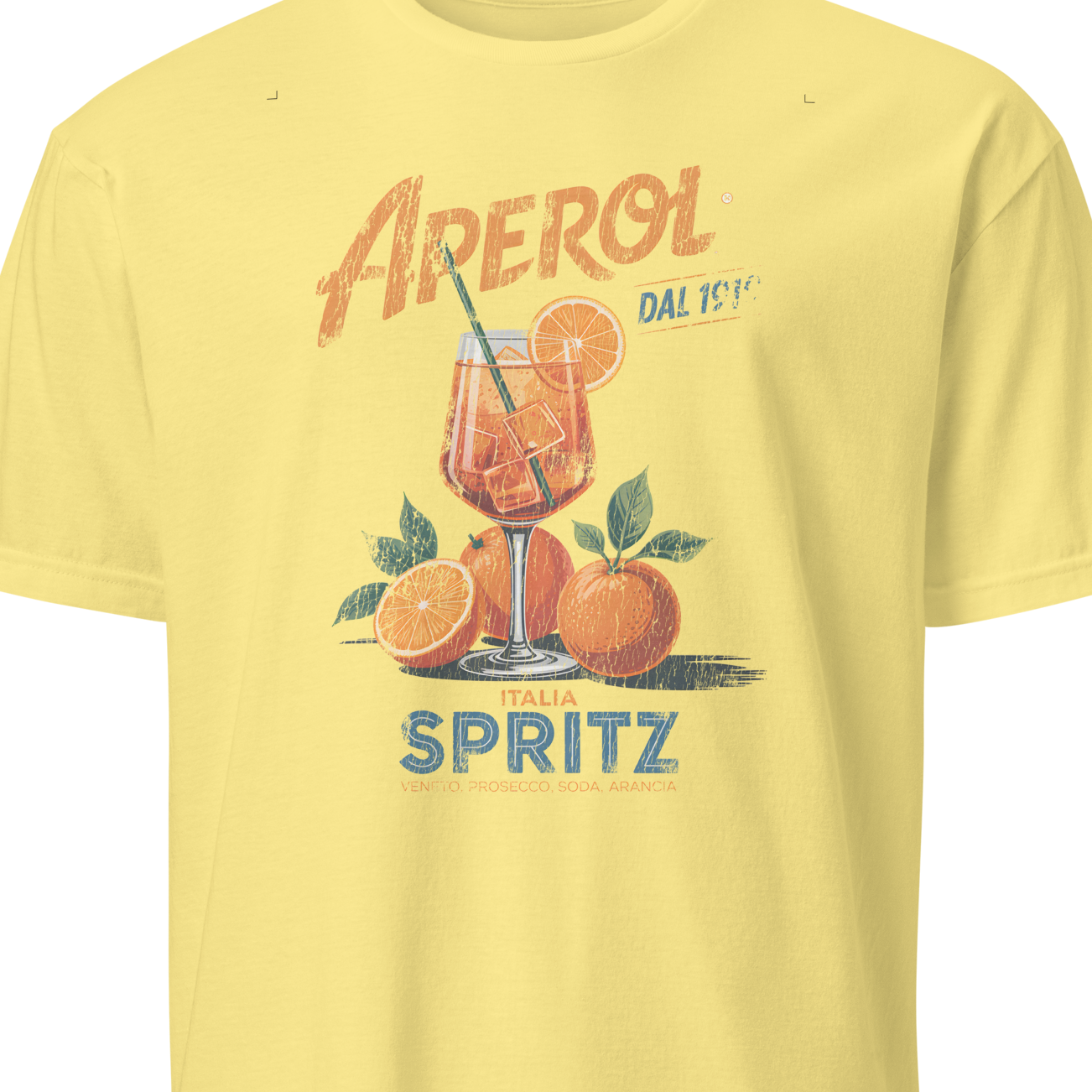 Yellow t-shirt with Aperol Spritz graphic on a white background