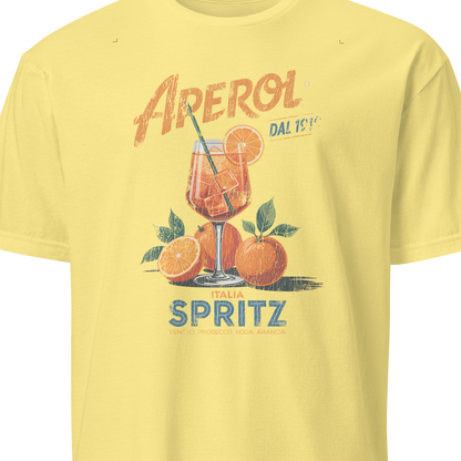 Yellow t-shirt with Aperol Spritz graphic on a white background