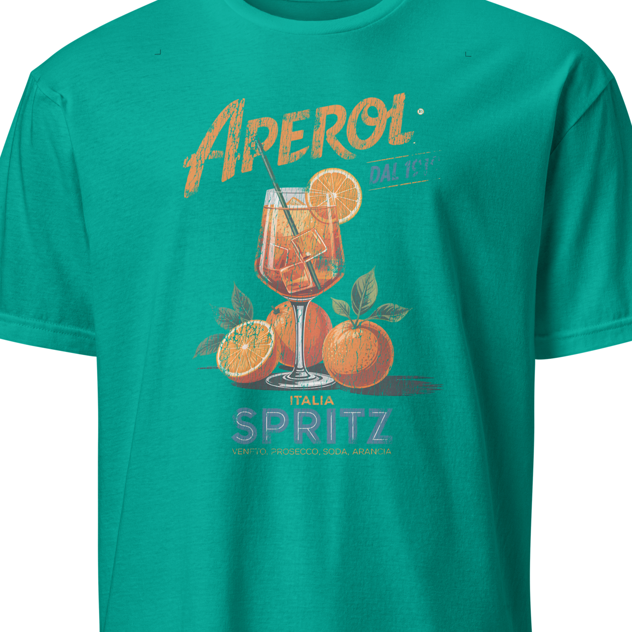 Teal t-shirt with Aperol Spritz graphic on a white background