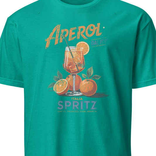 Teal t-shirt with Aperol Spritz graphic on a white background