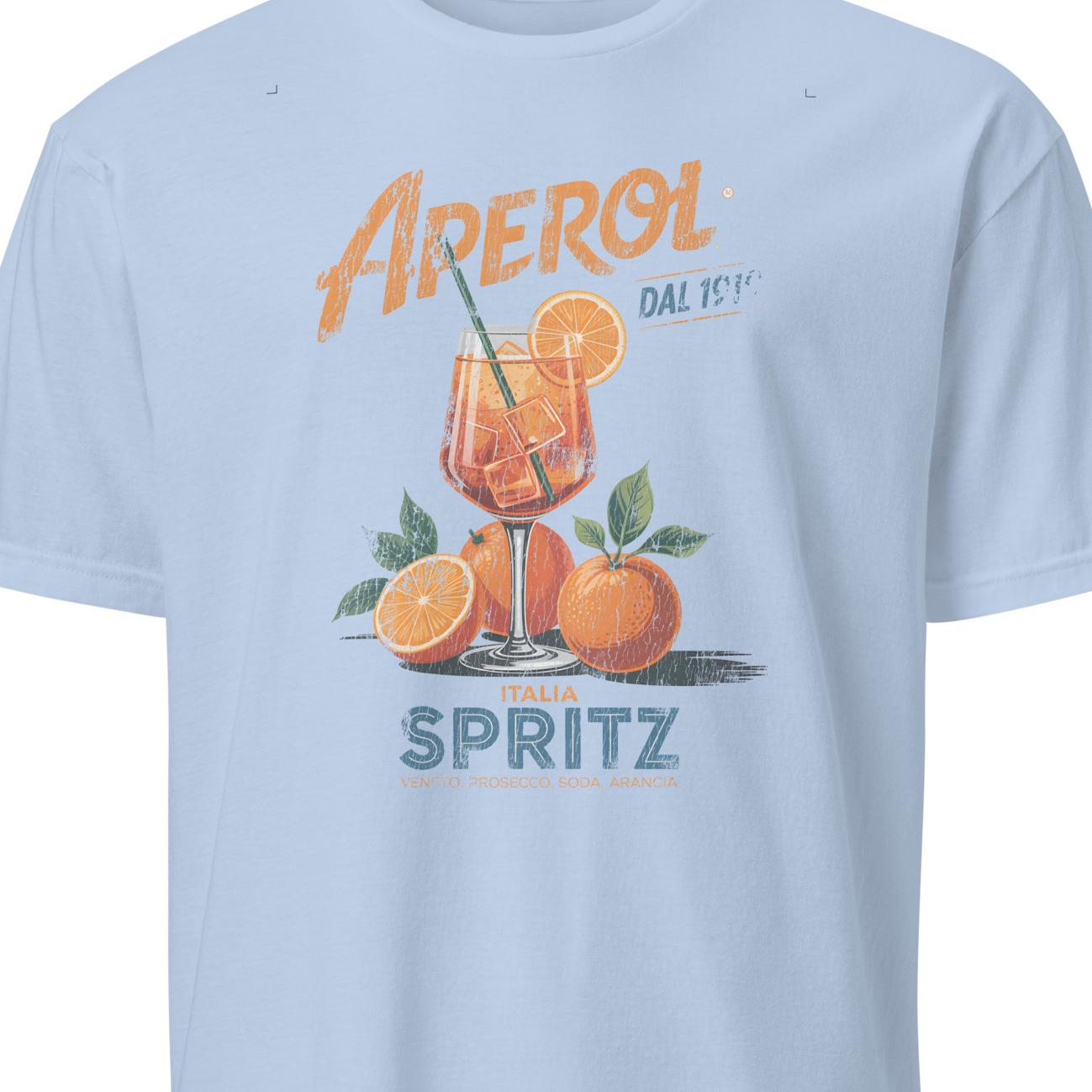 Light blue t-shirt with Aperol Spritz graphic on a white background