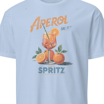 Light blue t-shirt with Aperol Spritz graphic on a white background