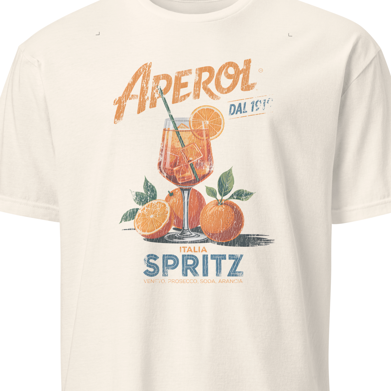 White t-shirt with Aperol Spritz graphic design on a white background
