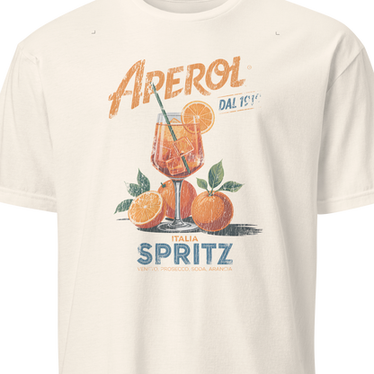 White t-shirt with Aperol Spritz graphic design on a white background
