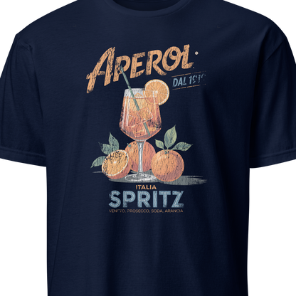 Navy blue t-shirt with Aperol Spritz graphic design on a white background