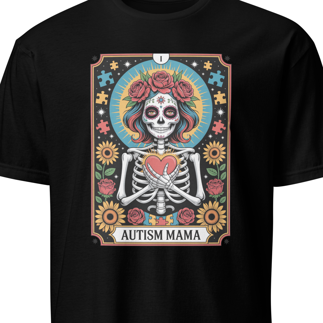 Black t-shirt with a colorful graphic design featuring a skeleton and 'Autism Mama' text