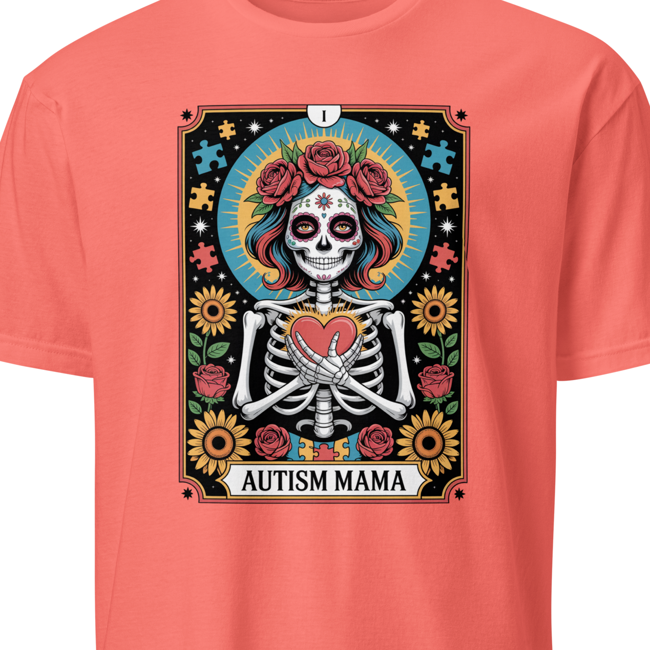Coral t-shirt with a colorful graphic design featuring a skeleton and 'Autism Mama' text 