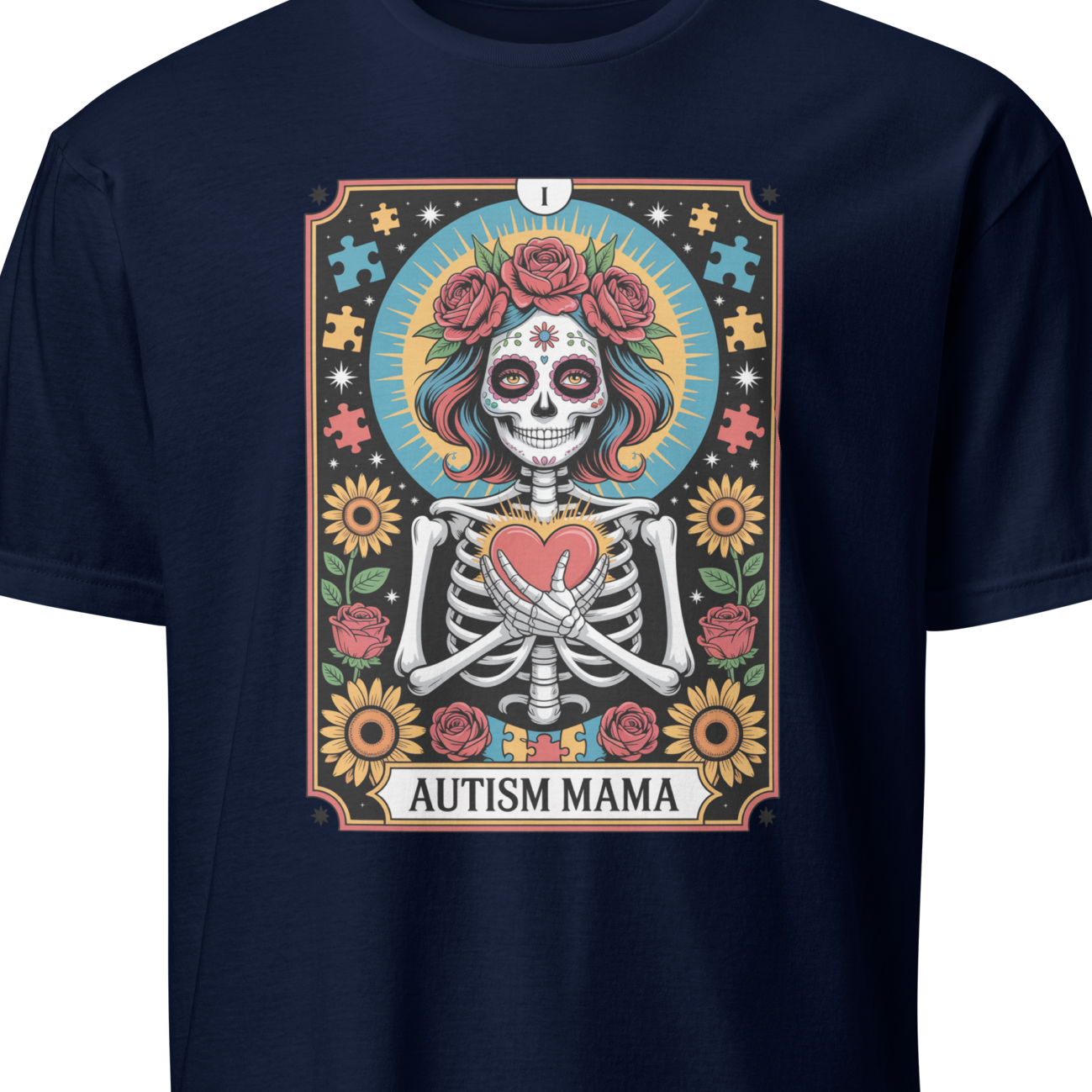 Navy blue t-shirt with a colorful graphic design featuring a skeleton and text 'Autism Mama' 