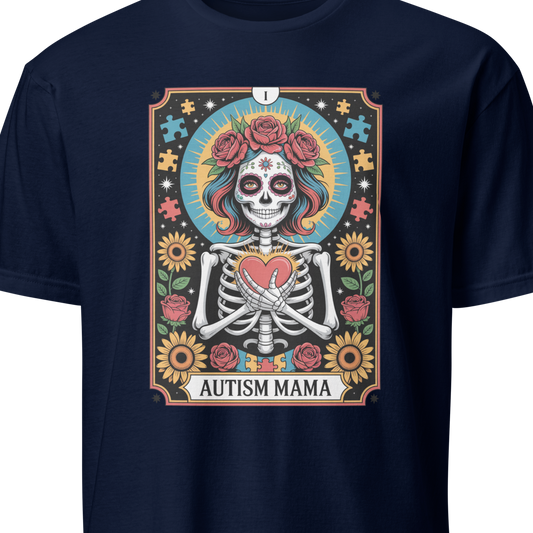 Navy blue t-shirt with a colorful graphic design featuring a skeleton and text 'Autism Mama' 