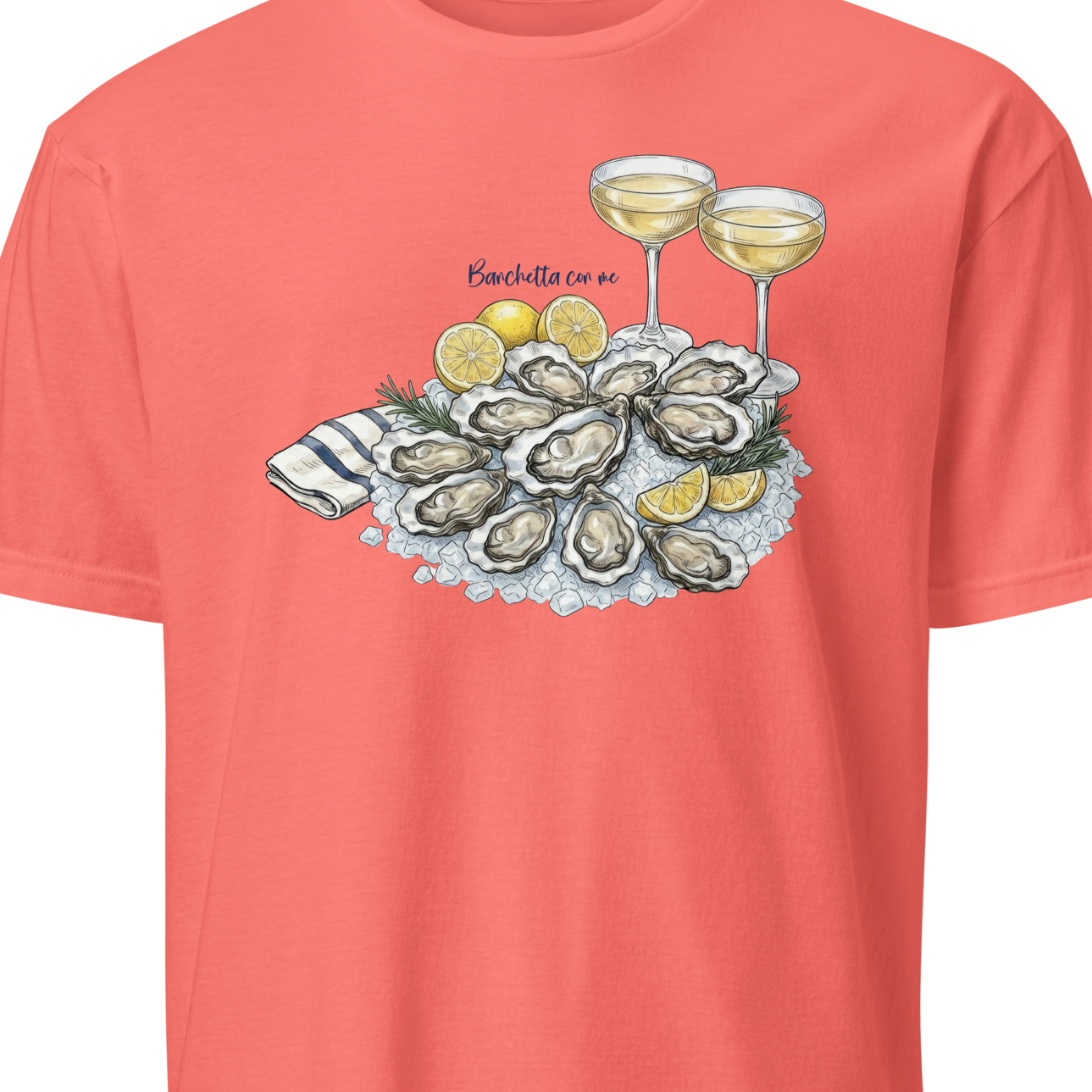 Coral t-shirt with oyster and wine graphic