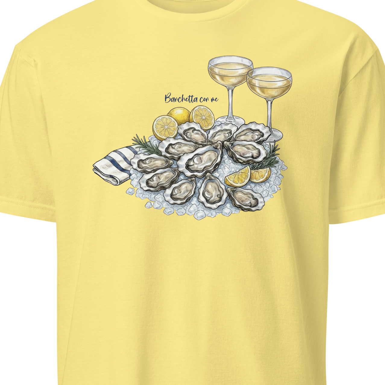 Yellow t-shirt with oysters and wine design 