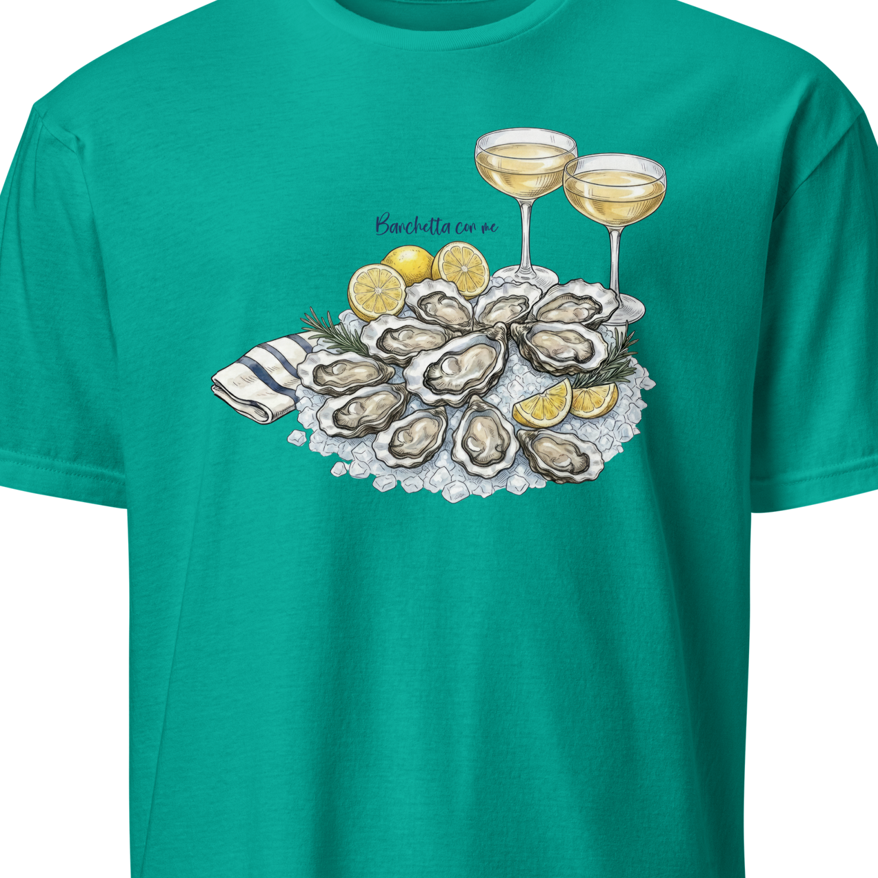 Teal t-shirt with oysters and champagne design 