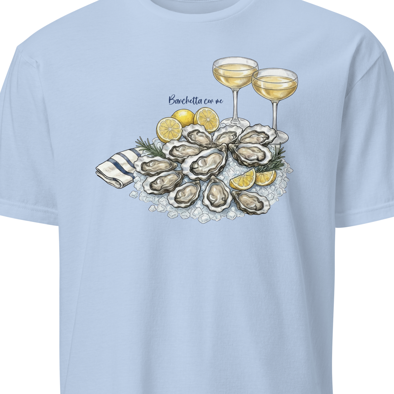 Light blue t-shirt with oyster and champagne graphic 