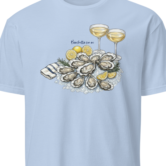Light blue t-shirt with oyster and champagne graphic 