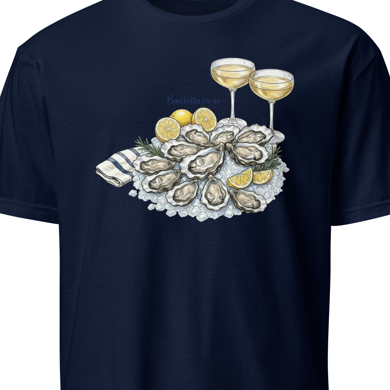 Navy blue t-shirt with oysters and wine design