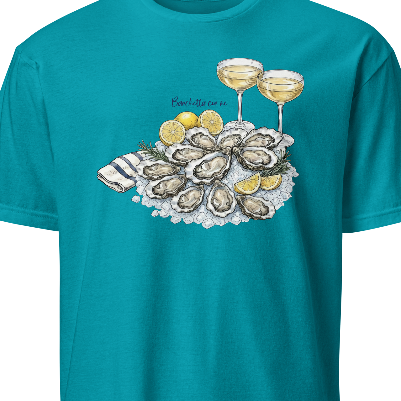 Teal t-shirt with oyster and wine graphic 