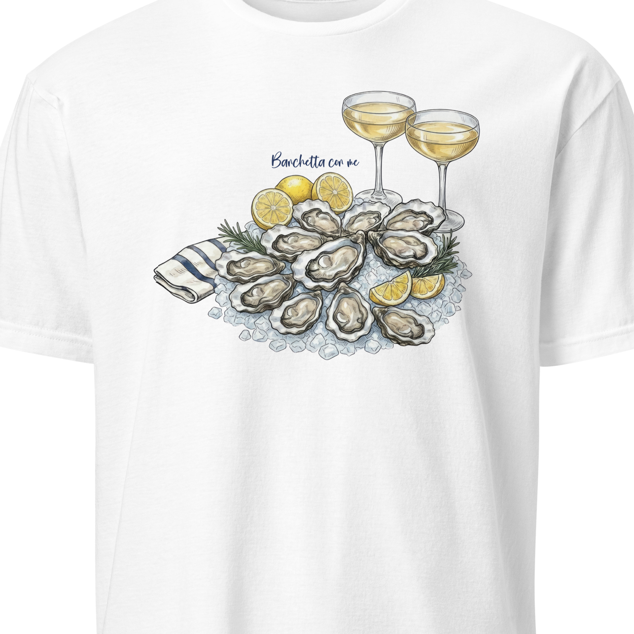 White t-shirt with oysters and champagne graphic 