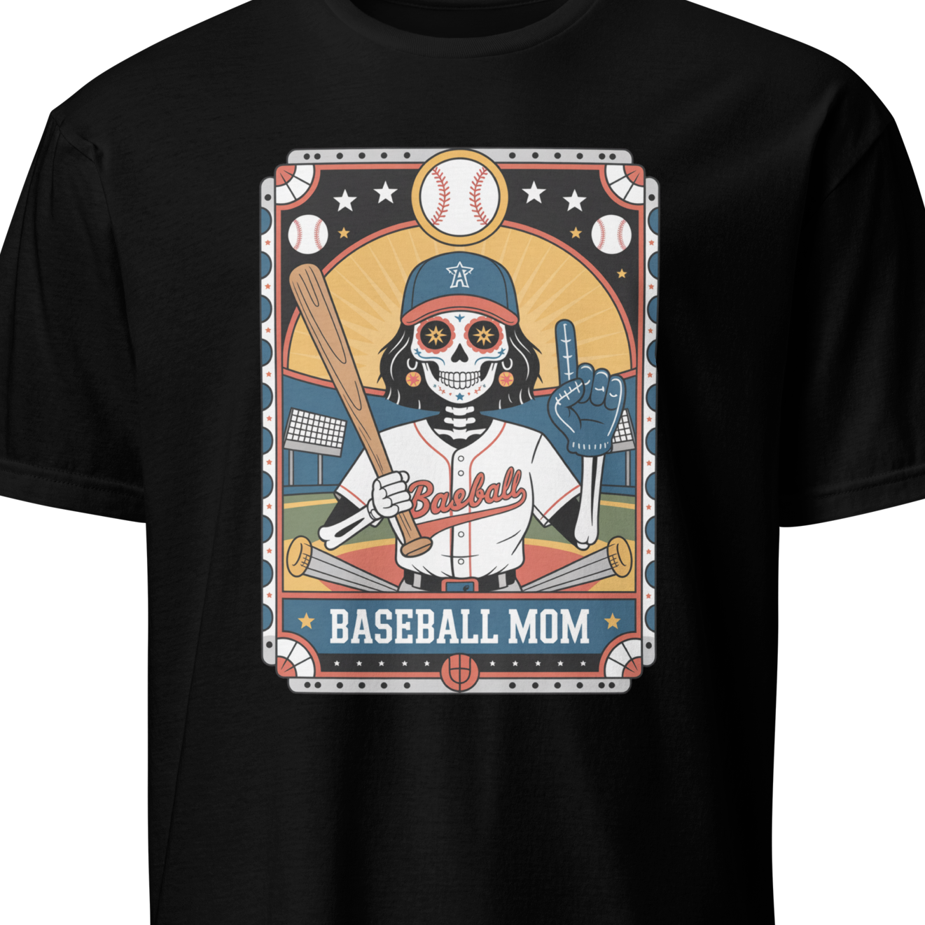 Black t-shirt with a graphic of a skeleton baseball player and 'Baseball Mom' text 