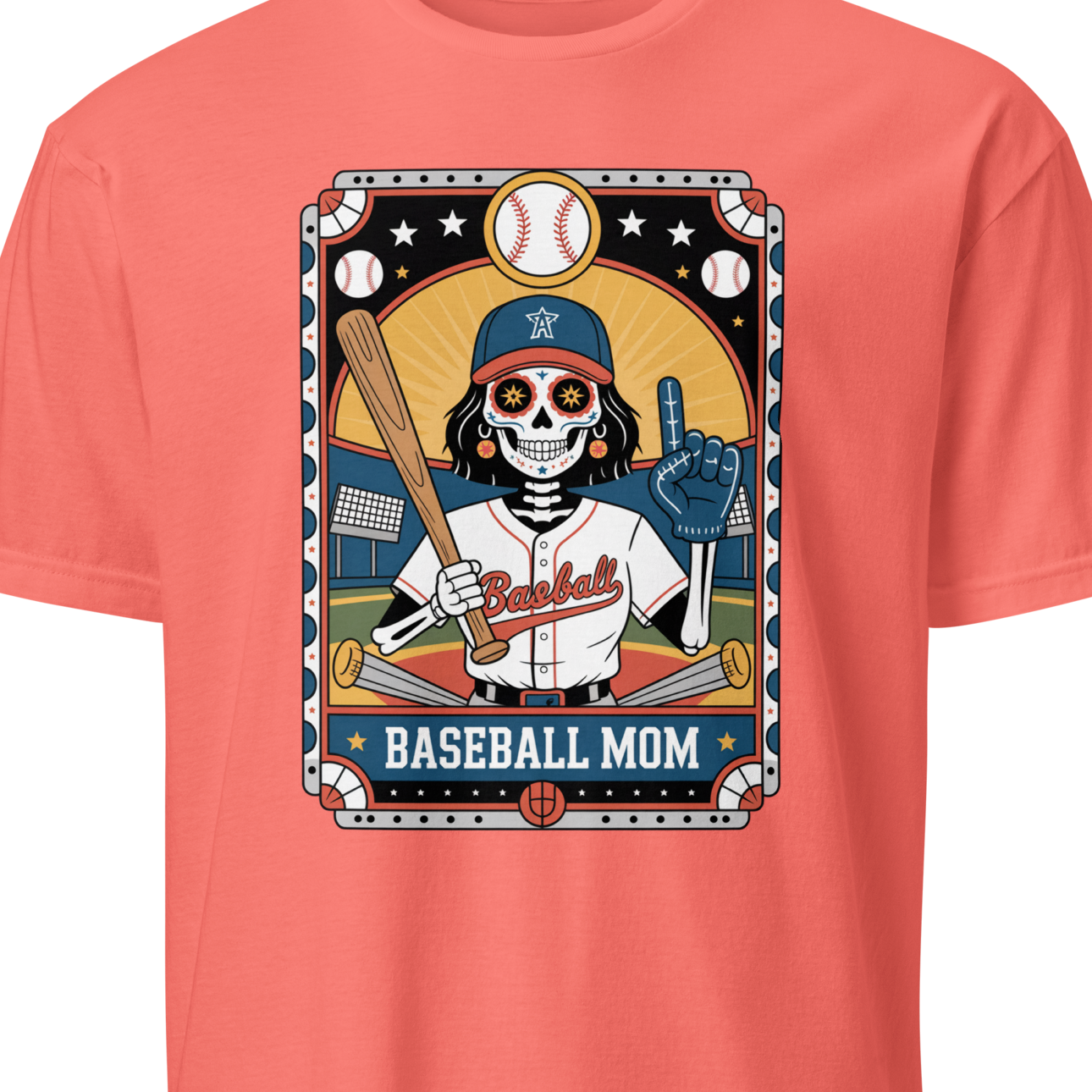 Coral t-shirt with a graphic of a skeleton baseball player and 'Baseball Mom' text 