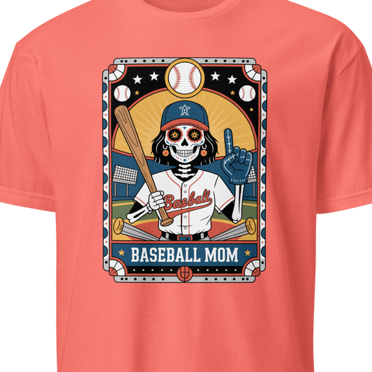 Coral t-shirt with a graphic of a skeleton baseball player and 'Baseball Mom' text 