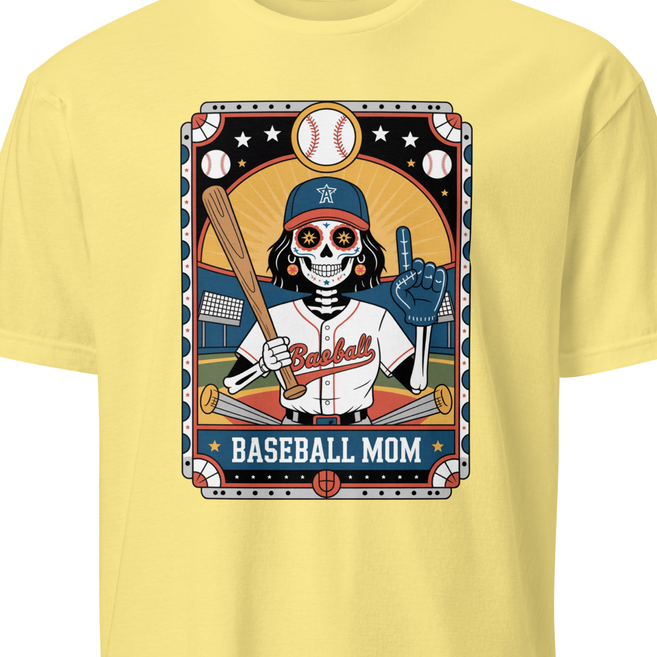 Yellow t-shirt with a graphic of a skeleton in a baseball uniform and 'Baseball Mom' text 