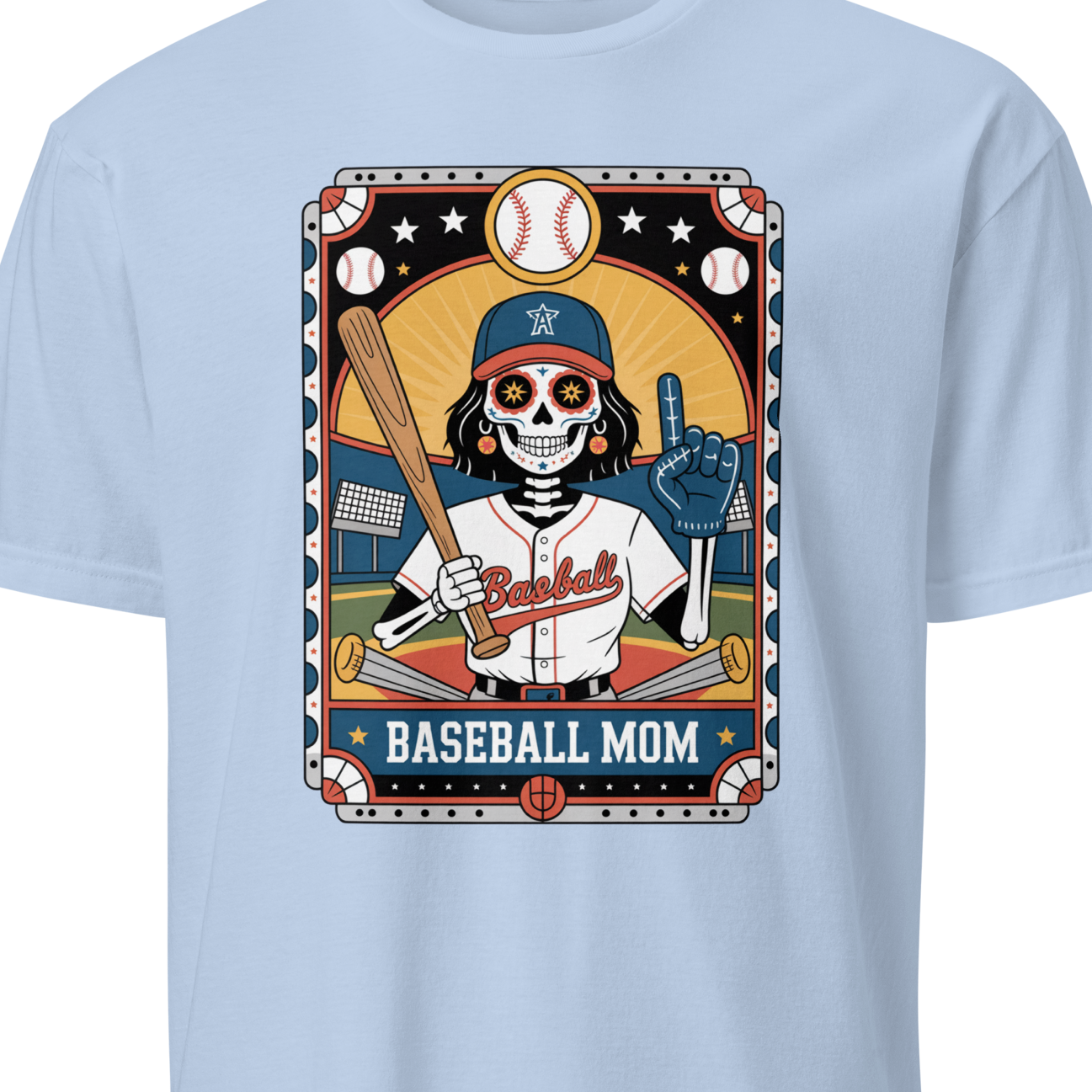 Light blue t-shirt with a graphic of a skeleton in a baseball uniform and 'Baseball Mom' text 