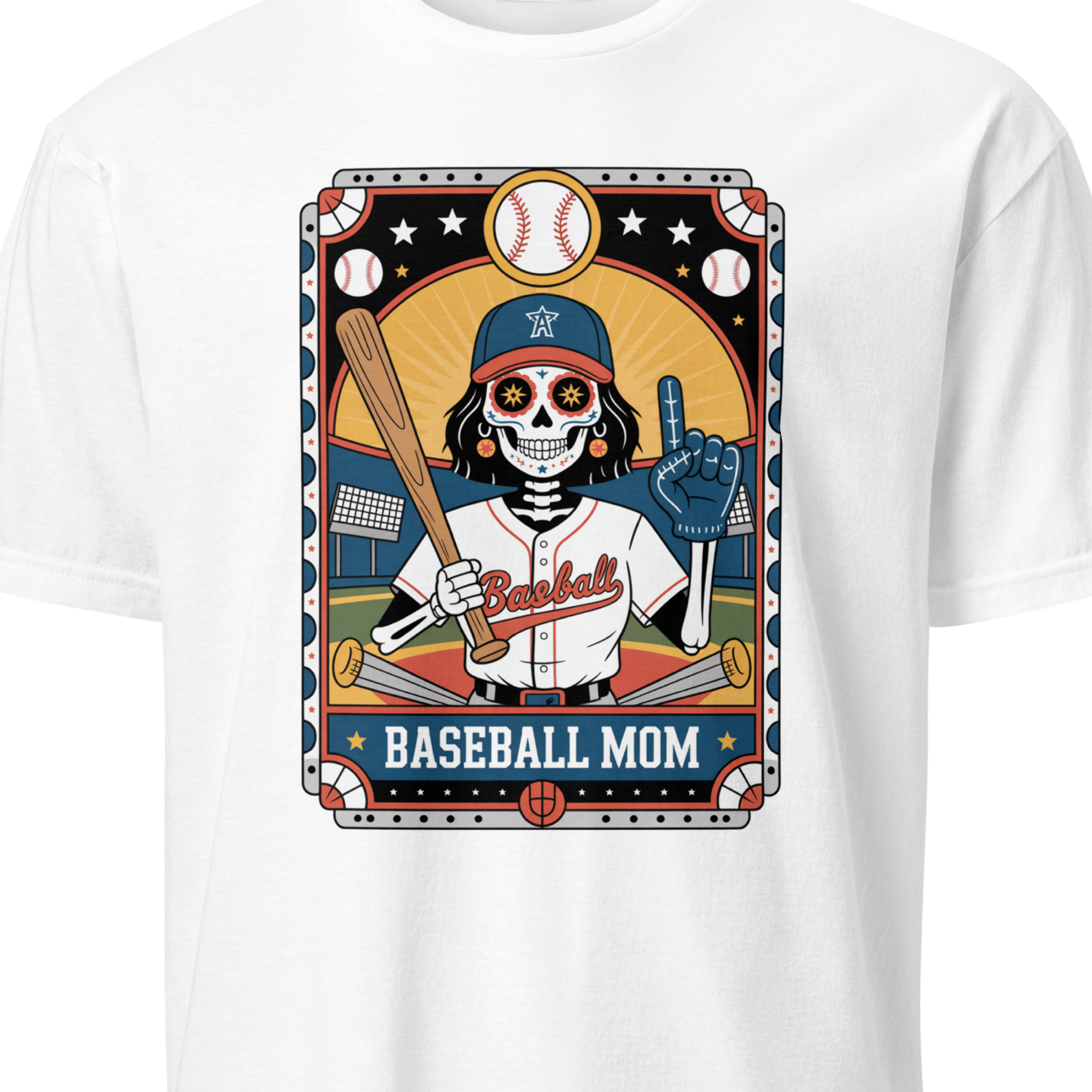 White t-shirt with a graphic design of a skeleton in a baseball uniform and 'Baseball Mom' text 