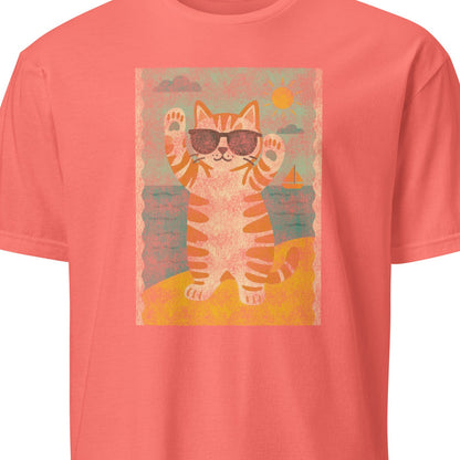 Coral t-shirt with a cat graphic wearing sunglasses 