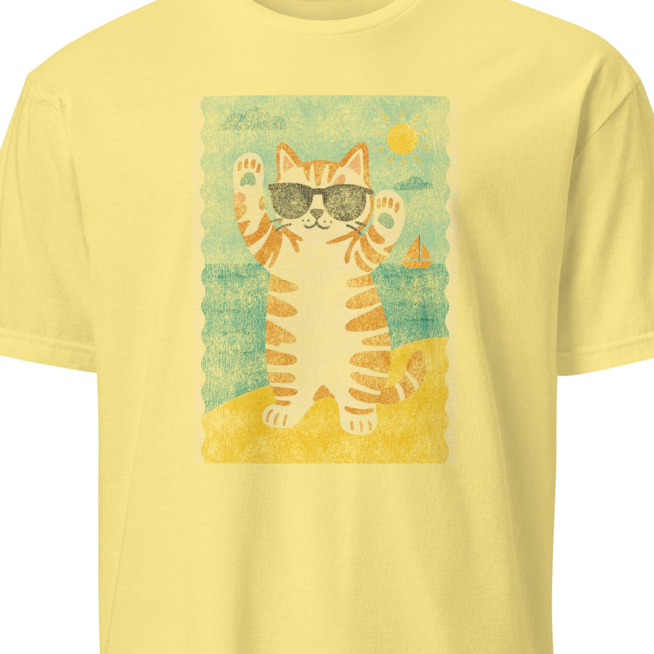 Yellow t-shirt with a cat graphic wearing sunglasses 