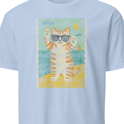 Light blue t-shirt with a cat graphic wearing sunglasses 
