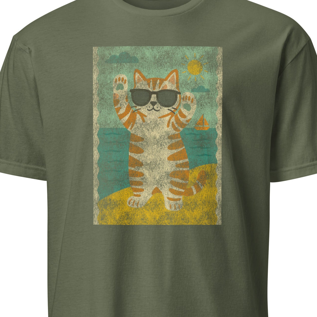 Green t-shirt with a cat graphic wearing sunglasses 