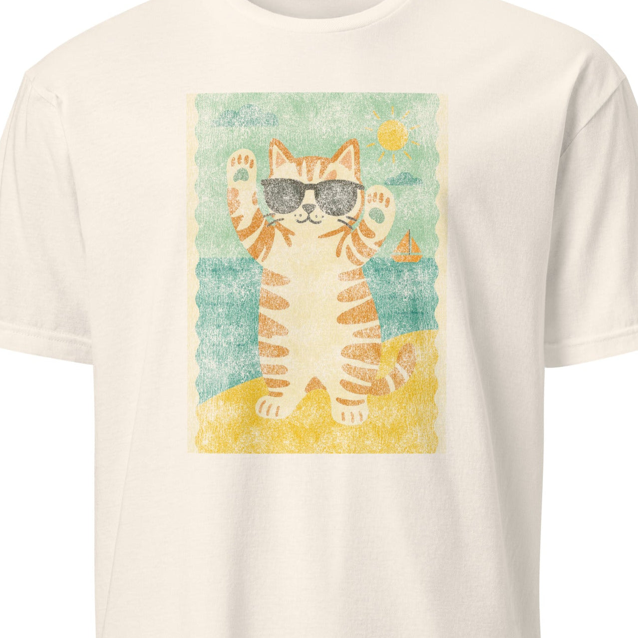 White t-shirt with a cat graphic wearing sunglasses 