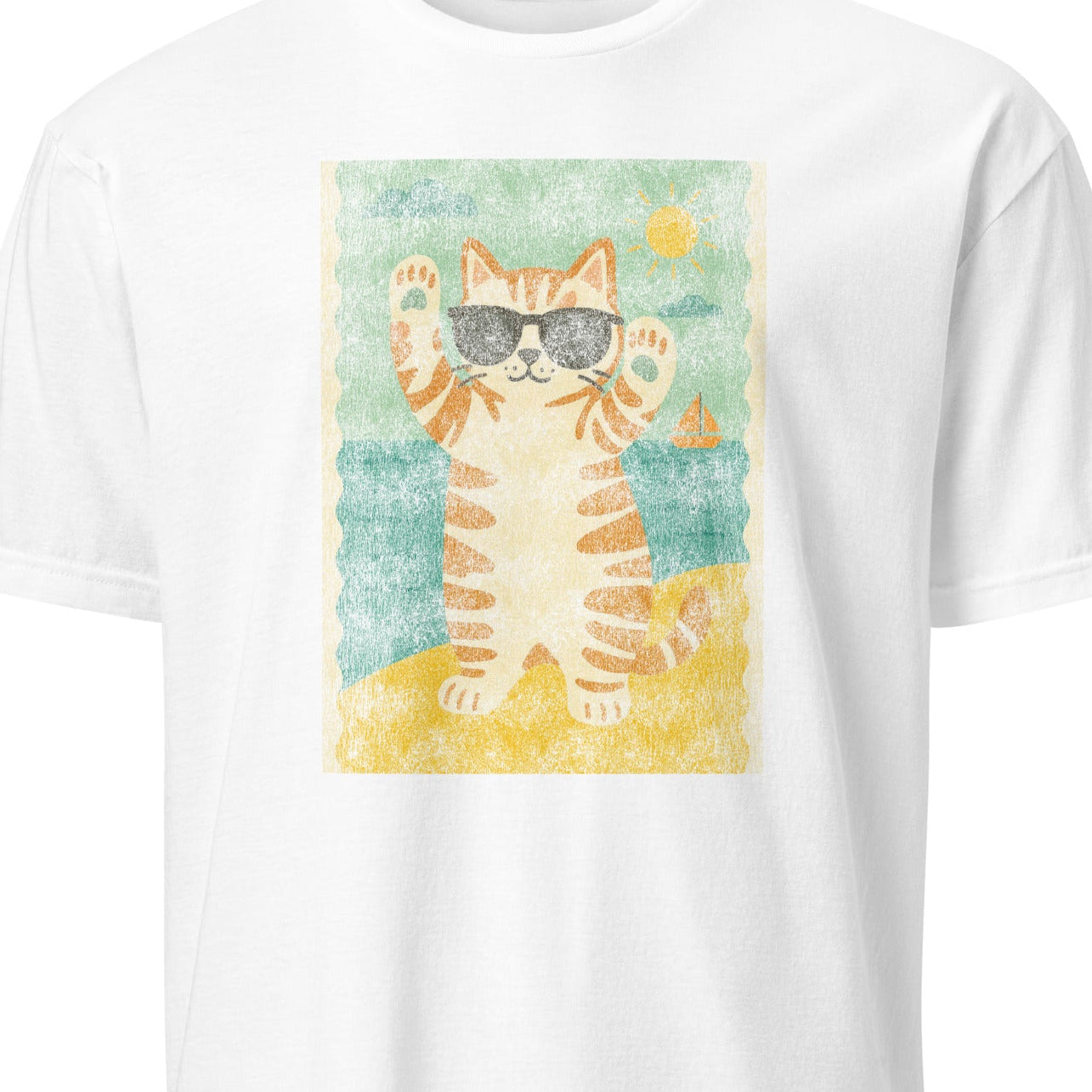 White t-shirt with a cat graphic wearing sunglasses 